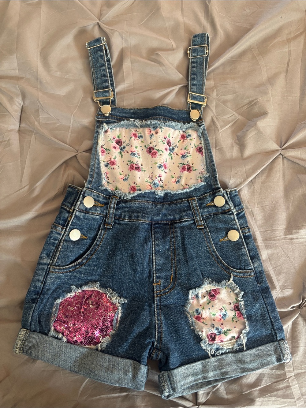Girls' Floral Patch Denim Short Overalls - Blue with Pink Accents